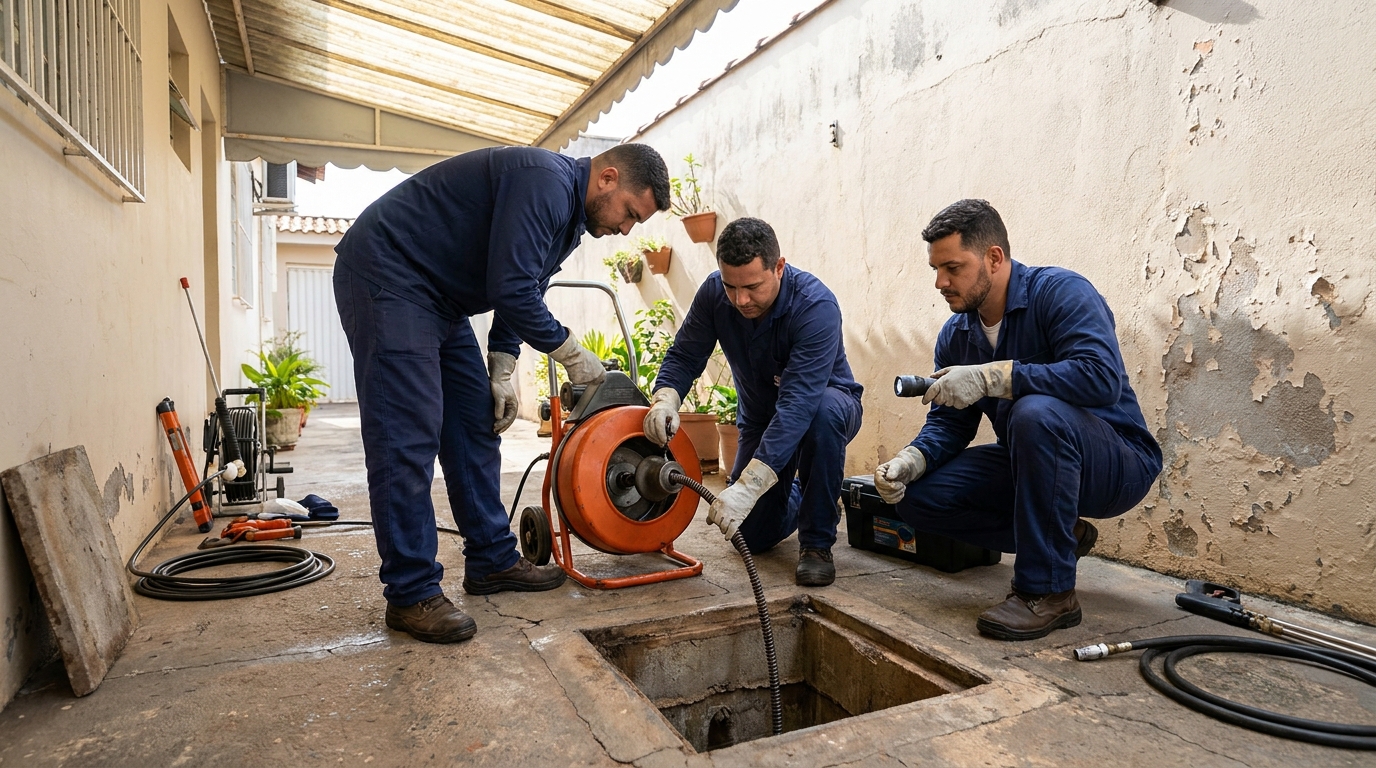 Desentupimento de esgoto com equipamento na Ajuda de Baixo, Macaé‑RJ