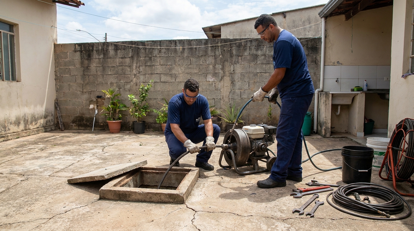 Desentupimento de esgoto residencial na Ajuda de Baixo, Macaé‑RJ