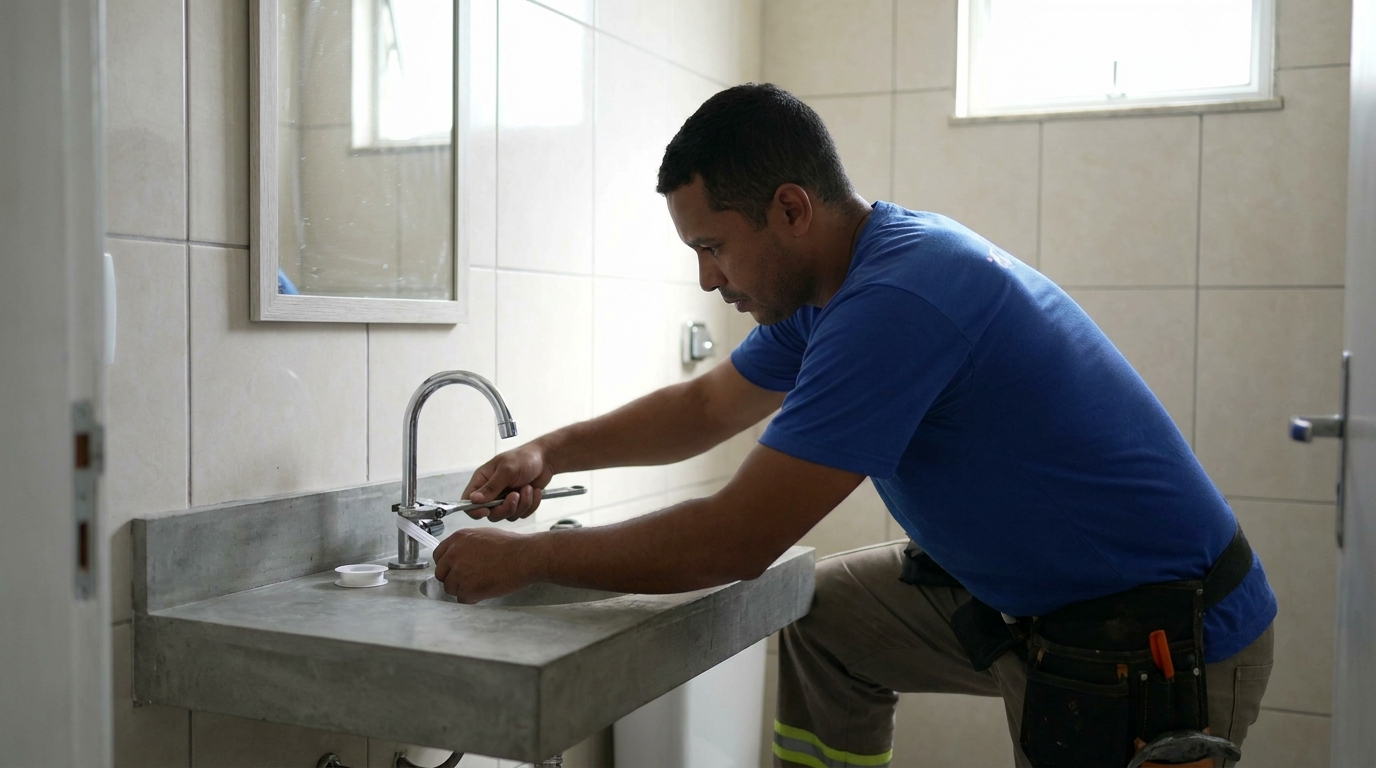 Encanador instalando torneira na Ajuda de Baixo, Macaé‑RJ