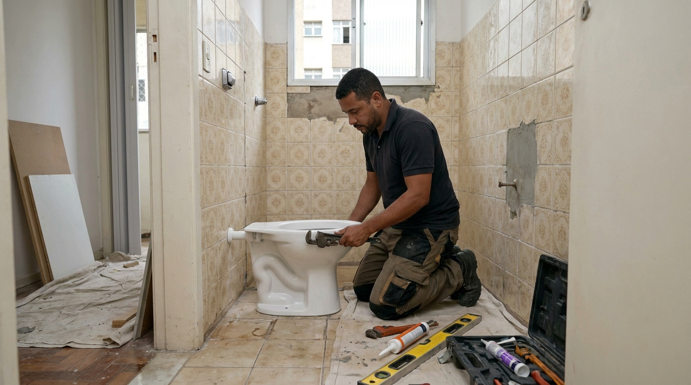 Instalação de vaso sanitário profissional na Bicuda Pequena, Macaé‑RJ