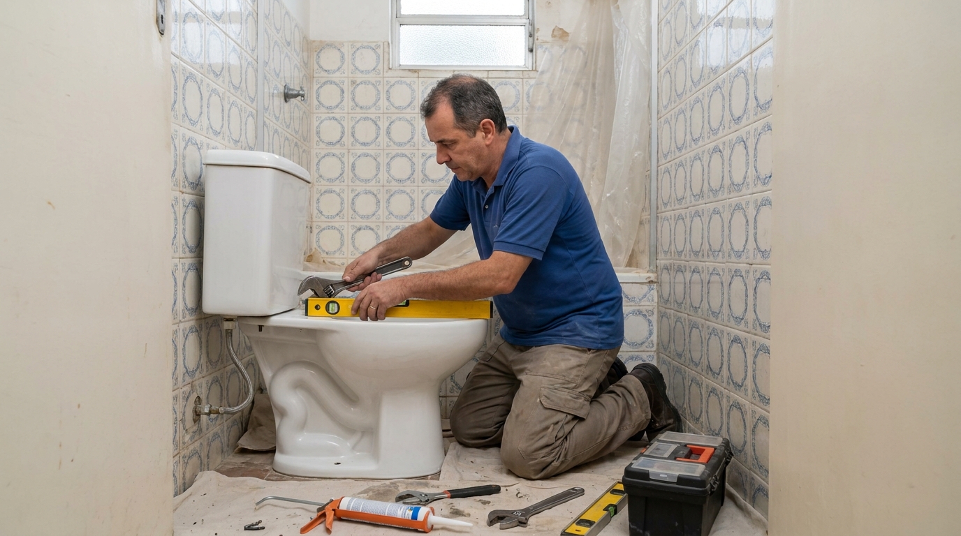 Técnico instalando vaso sanitário na Bicuda Pequena, Macaé‑RJ